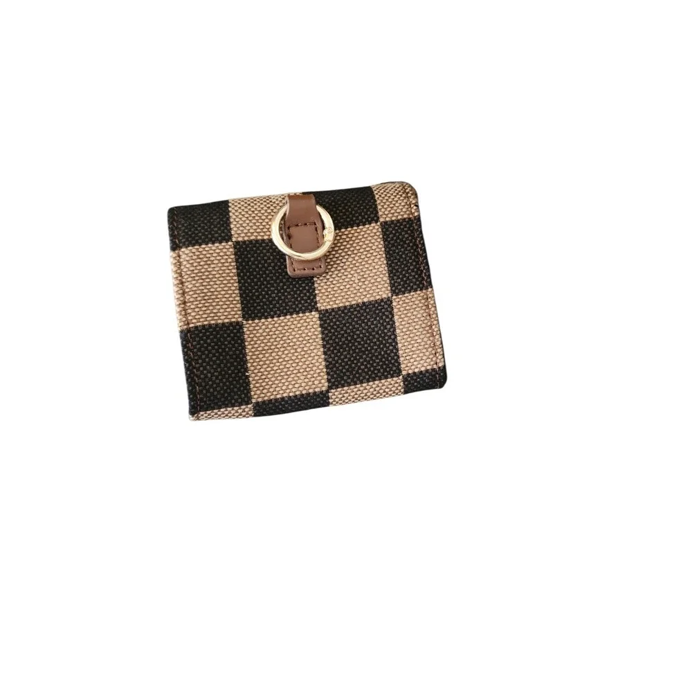 Checkerboard Crossbody Bag and Coin Purse Set Tan Black Canvas Gold Hardware